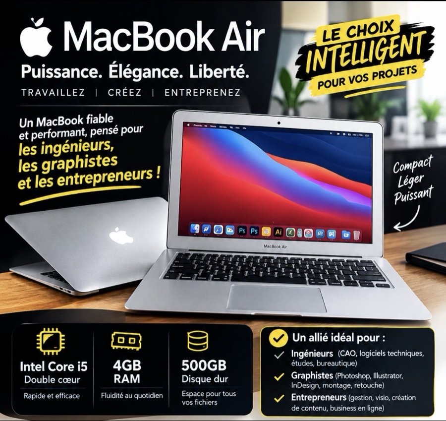 MacBook Air double coeur corei5 500GB de stockage 4GB de ram , 13,3 inch clavier rétroéclairer